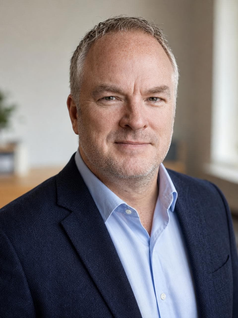 Portret van Victor Brands in donkerblauw colbert, trainer, trainingsacteur en teamcoach
