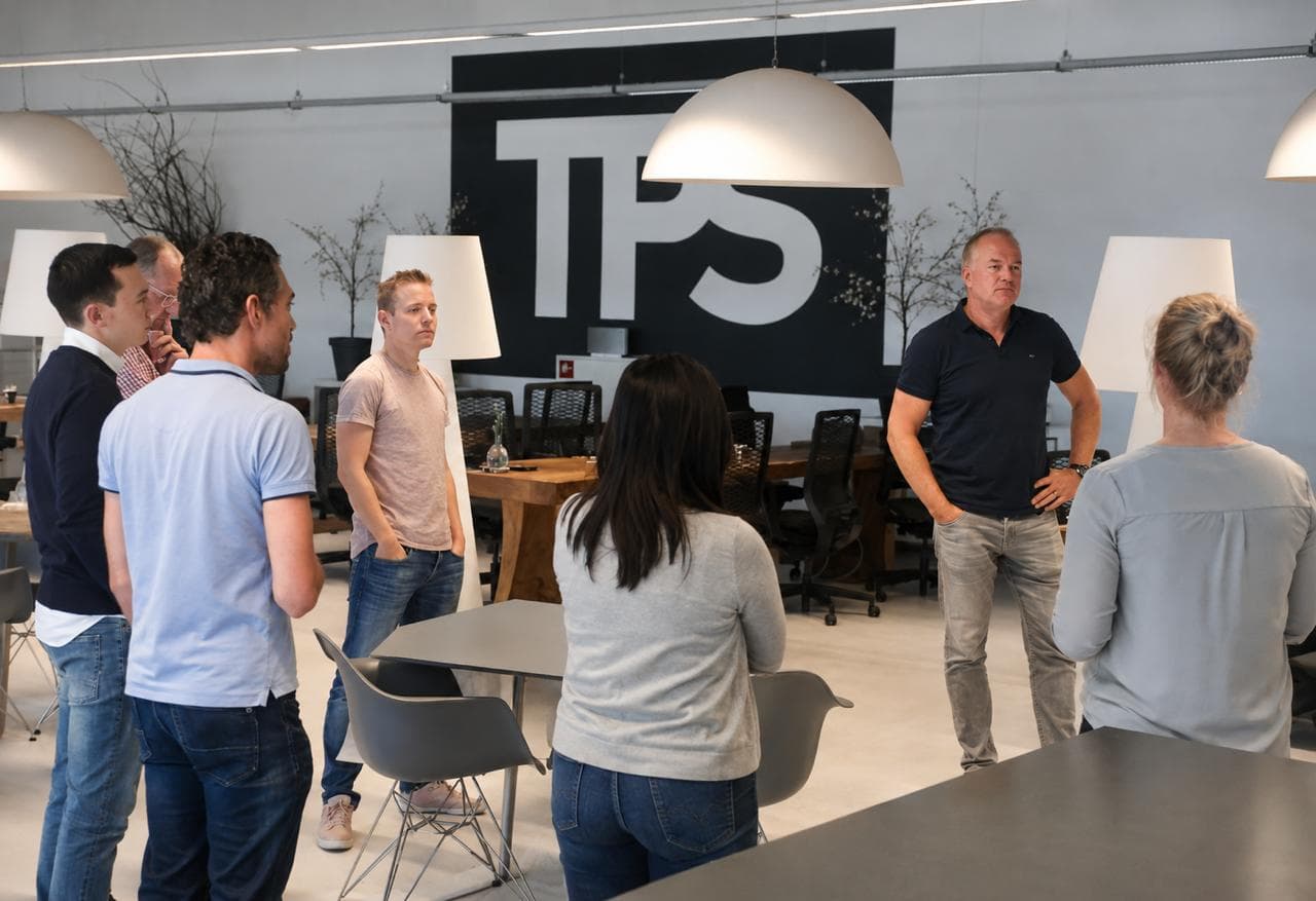 Victor Brands begeleidt een groep deelnemers tijdens een training op de werkvloer